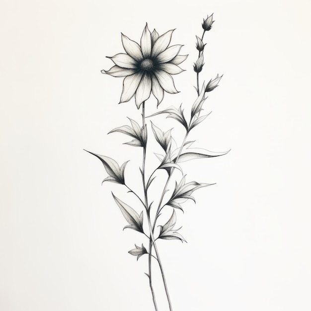 Dibujo minimalista con tinta de un girasol sobre un fondo blanco