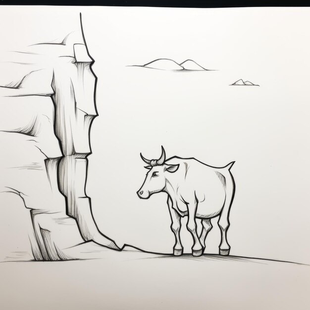 Dibujo minimalista de una vaca en un acantilado entre montañas