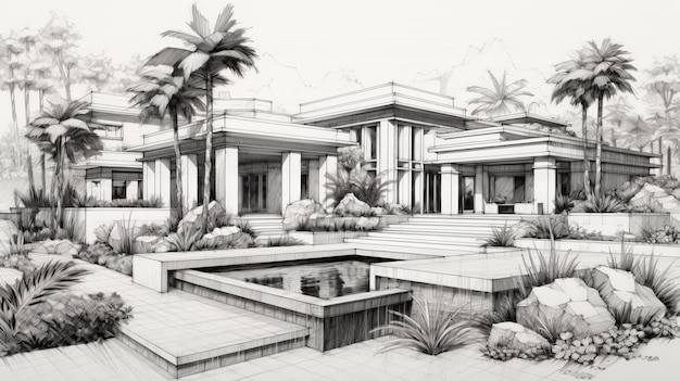 Dibujo moderno detallado de una villa de lujo con jardín, palmeras y fuente.