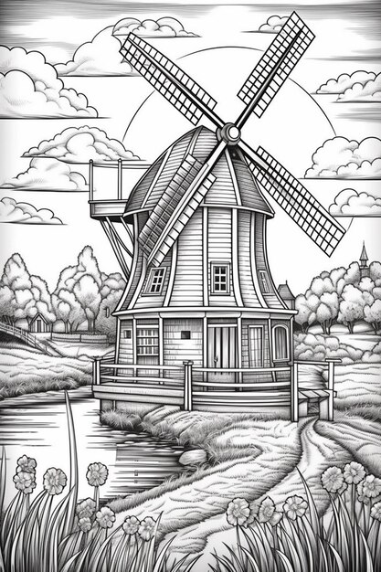Foto un dibujo de un molino de viento en un campo con una casa y un río ai generativo