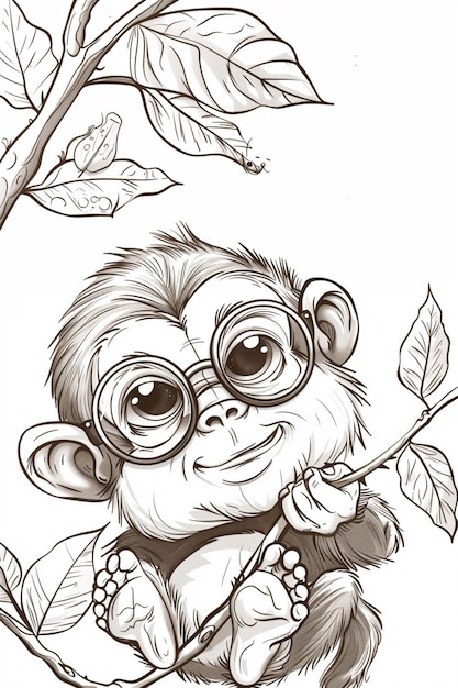 Foto un dibujo de un mono con gafas sentado en una rama generativa ai