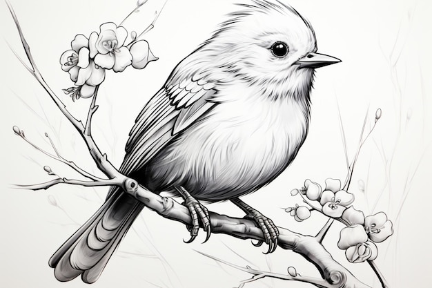 Dibujo monocromático de pájaro posado con gracia en la rama de un árbol