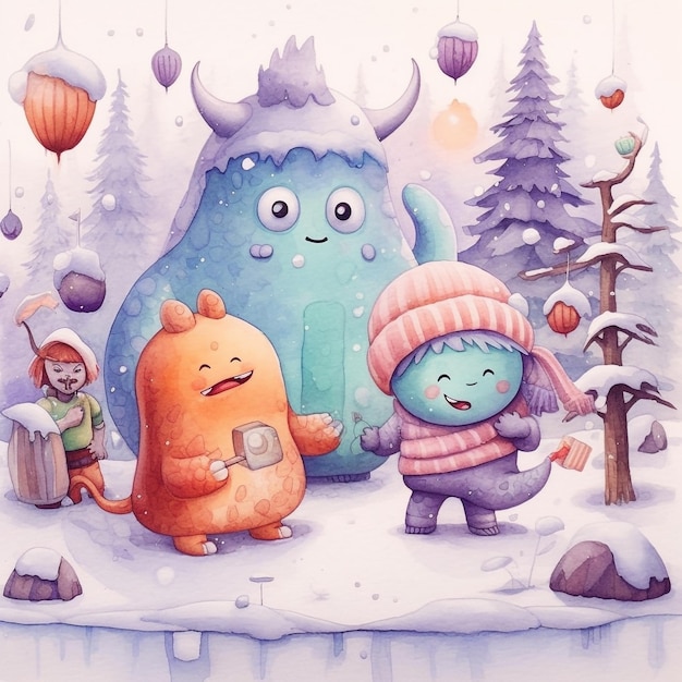 Un dibujo de un monstruo y otros dos monstruos en la nieve.