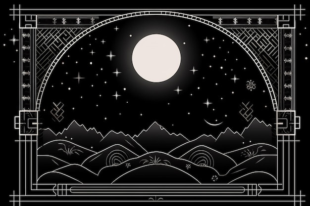 un dibujo de una montaña con la luna y la luna de fondo.