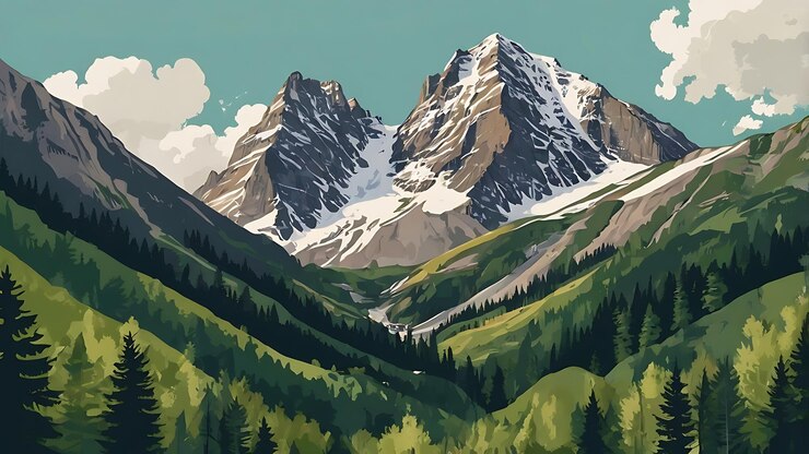 un dibujo de una montaña con una montaña en el fondo