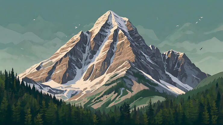 un dibujo de una montaña con una montaña en el fondo