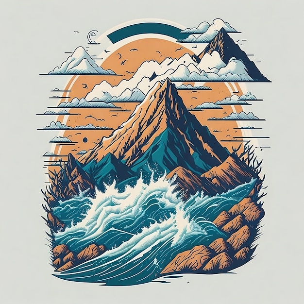 Un dibujo de una montaña y el océano con las palabras "la montaña" en él.