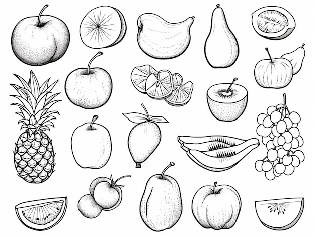 un dibujo de un montón de diferentes frutas y verduras ai generativa