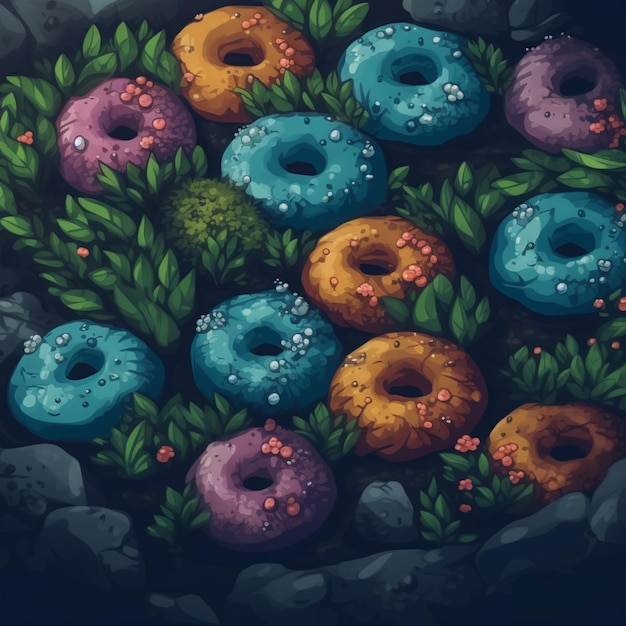 Un dibujo de un montón de donas con diferentes colores y las palabras donas en él.