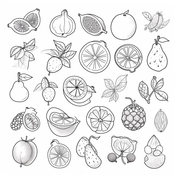 Foto un dibujo de un montón de frutas y verduras en un fondo blanco