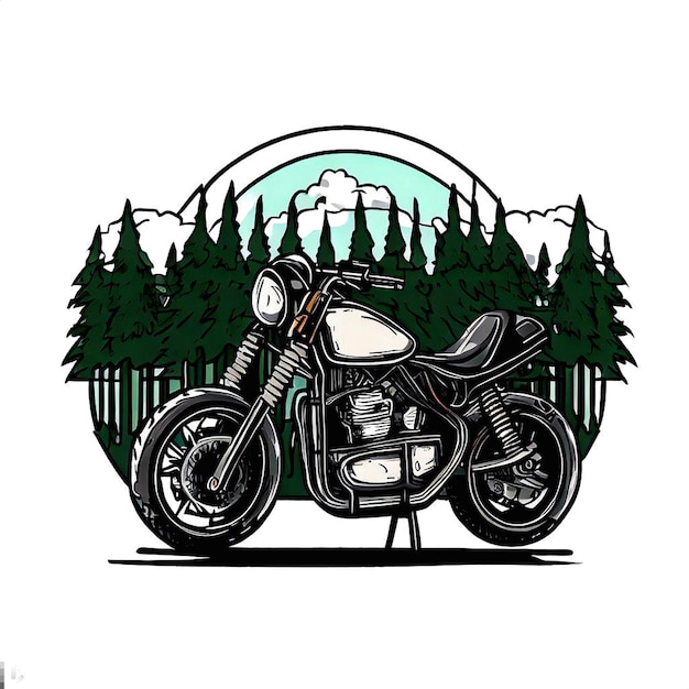un dibujo de una motocicleta con una imagen de un bosque en el fondo