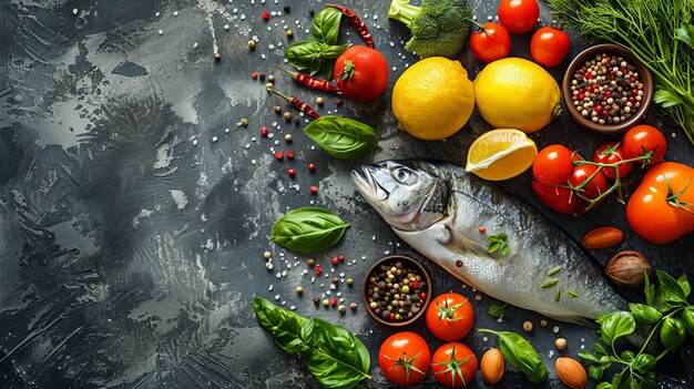 Foto el dibujo muestra verduras, peces y especias sobre un fondo gris