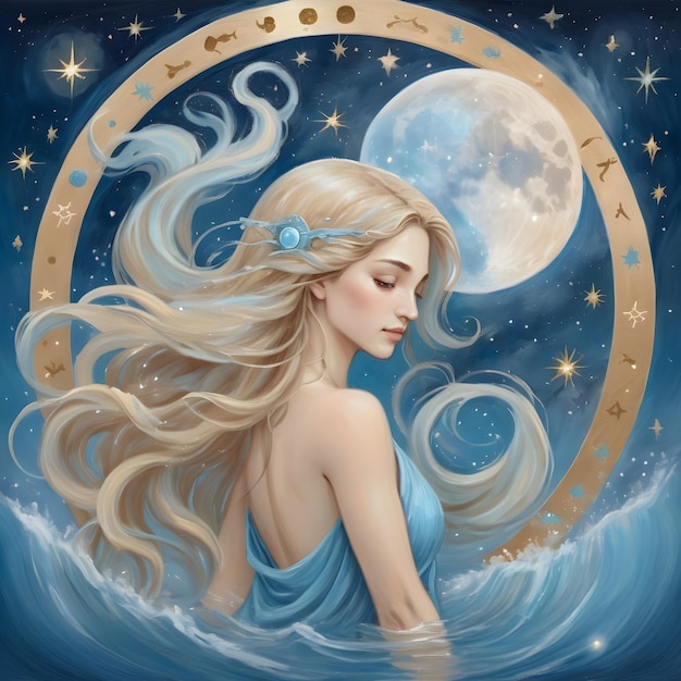 un dibujo de una mujer acuario signo zodiacal acuario