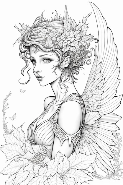 Un dibujo de una mujer con alas y flores en el cabello ai generativo.