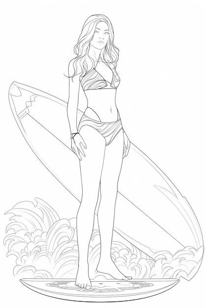 un dibujo de una mujer en bikini parada sobre una tabla de surf ai generativo