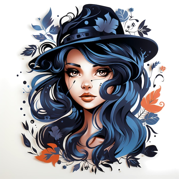 Dibujo de mujer con cabello azul y sombrero IA generativa