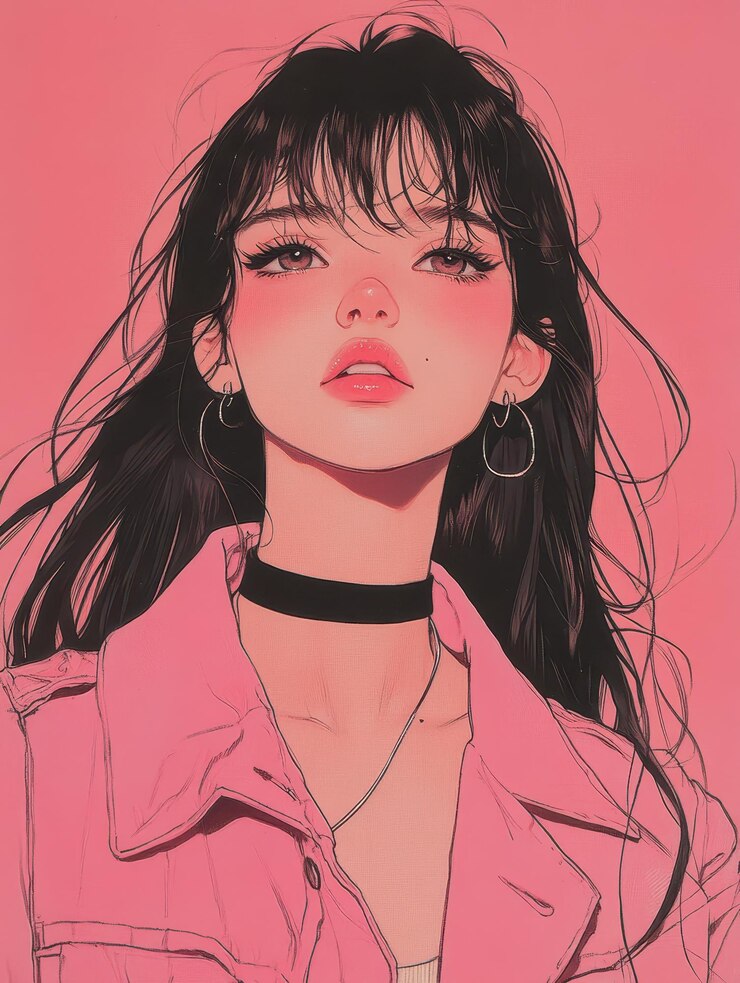 un dibujo de una mujer con cabello largo y una camisa rosa que dice que es una niña
