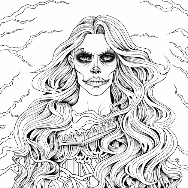 un dibujo de una mujer con cabello largo y cara de calavera ai generativo