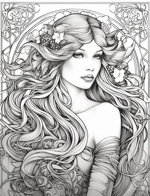 un dibujo de una mujer con cabello largo y flores en el cabello ai generativo