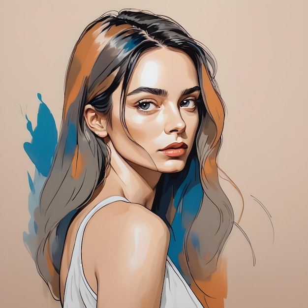 un dibujo de una mujer con cabello largo y un remolino azul y naranja en su cara