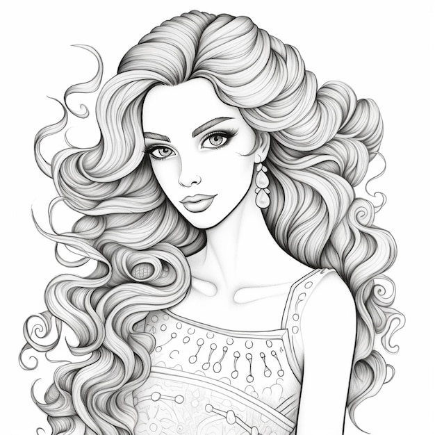 un dibujo de una mujer con cabello largo y un vestido generativo ai