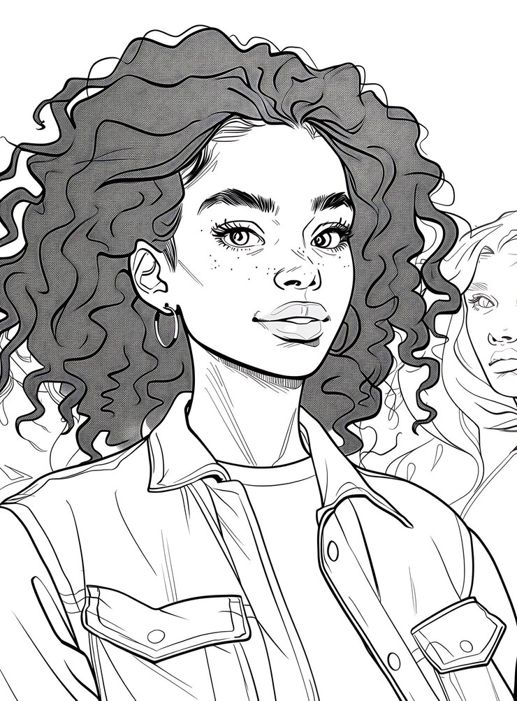 un dibujo de una mujer con el cabello rizado y un hombre en un traje