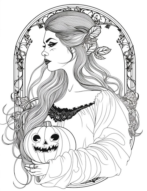 un dibujo de una mujer con una calabaza y una calabaza.