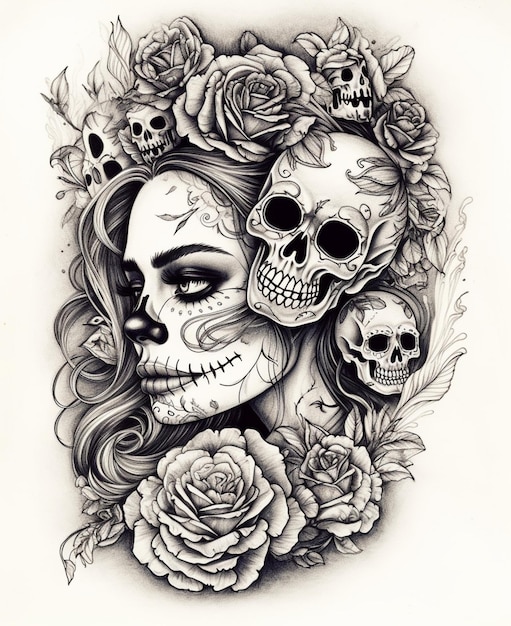 Foto un dibujo de una mujer con una calavera en la cara.