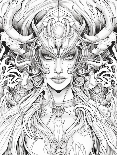 un dibujo de una mujer con cuernos y un tocado ai generativo