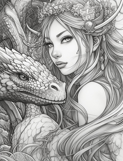 Un dibujo de una mujer y un dragón.