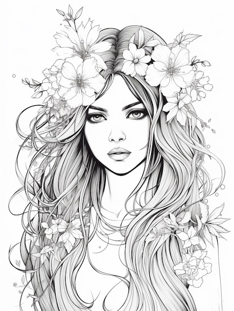 un dibujo de una mujer con flores en el cabello generativo ai