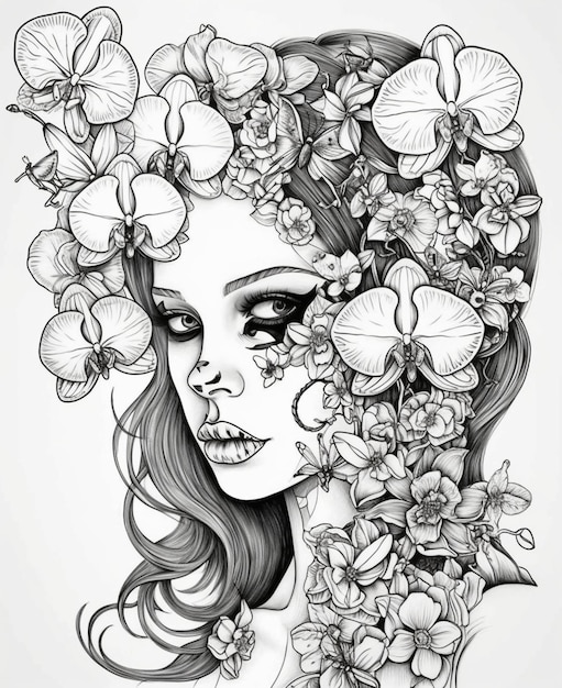 Un dibujo de una mujer con flores en la cabeza.