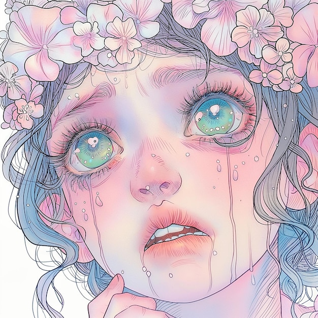 un dibujo de una mujer con flores en la cara