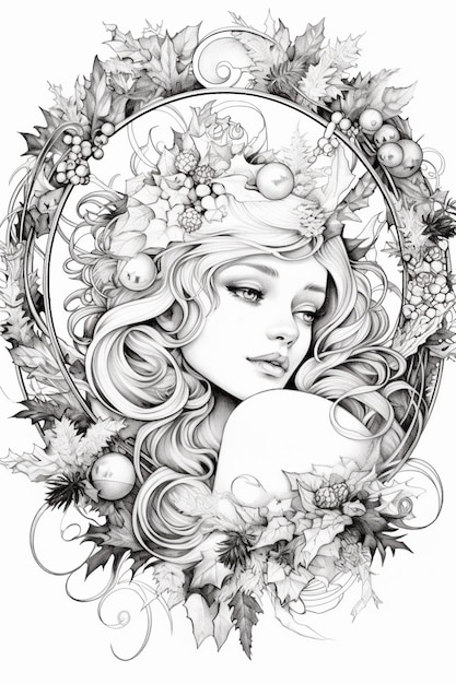 un dibujo de una mujer con flores y hojas en su cabello generativo ai