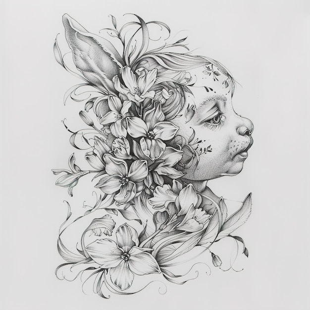 un dibujo de una mujer con flores y hojas