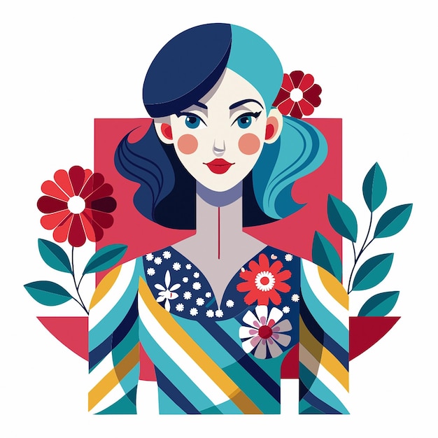 un dibujo de una mujer con flores y una imagen de una mujer Con un fondo rojo