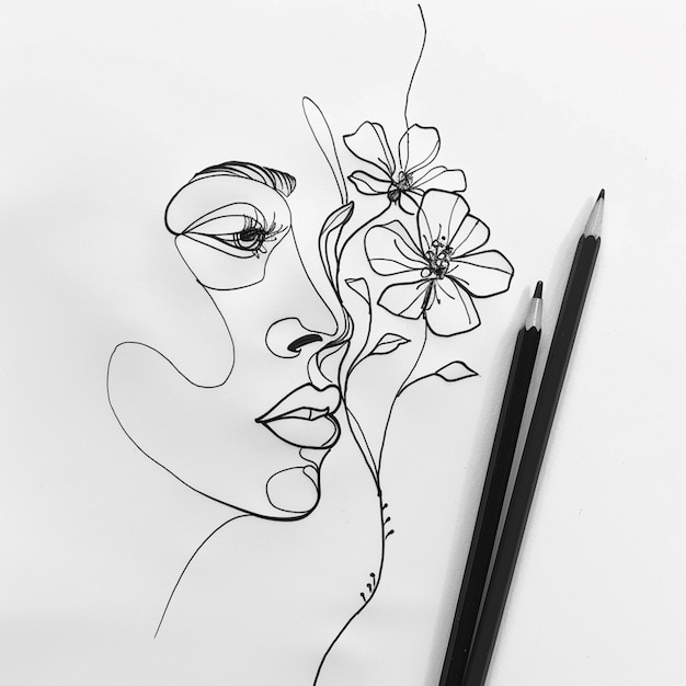 dibujo de una mujer con flores y un lápiz generativo ai