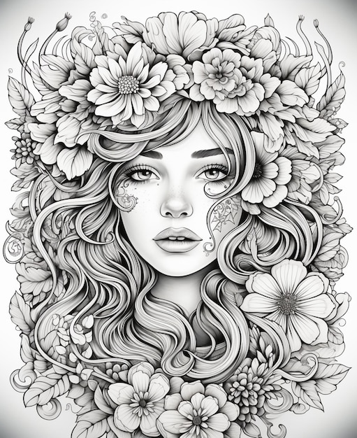 un dibujo de una mujer con flores en el pelo ai generativo