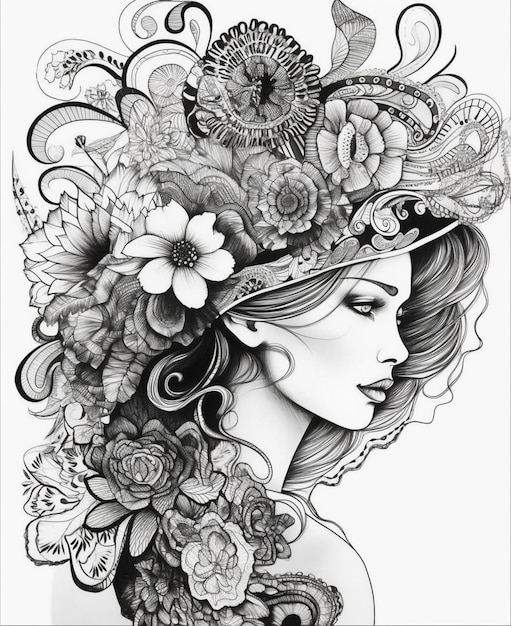 un dibujo de una mujer con flores en el pelo ai generativo