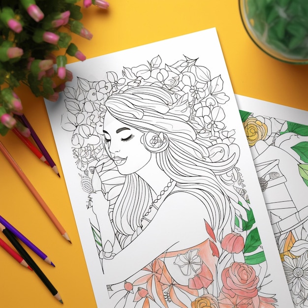 Foto un dibujo de una mujer con flores.