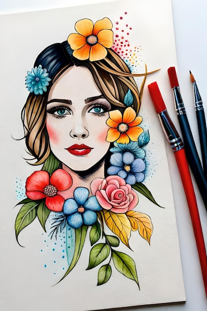 Un dibujo de una mujer con flores.