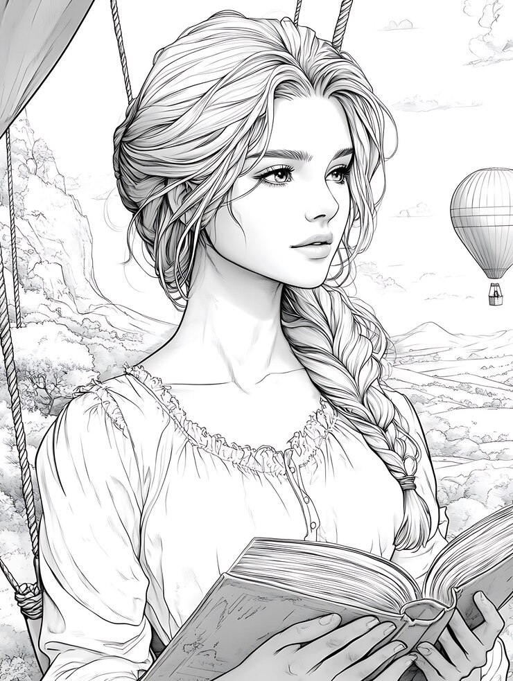 un dibujo de una mujer leyendo un libro mientras está de pie en un globo de aire caliente