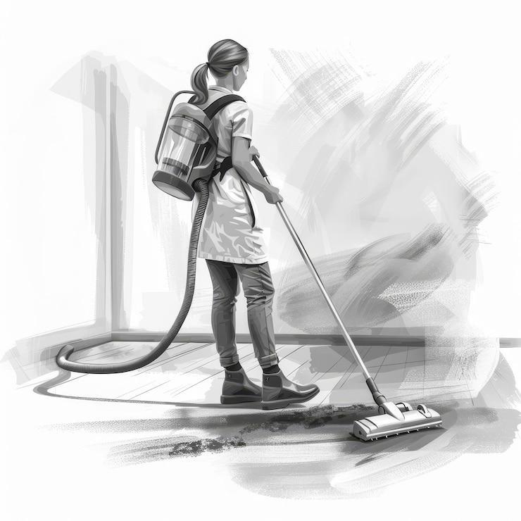 Foto un dibujo de una mujer limpiando un piso con un pulverizador
