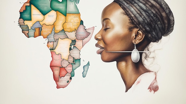 Un dibujo de una mujer con un mapa de África.