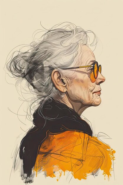 Un dibujo de una mujer mayor con gafas