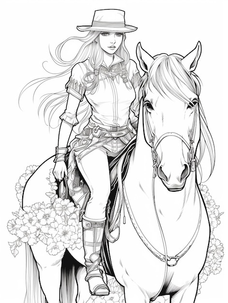 un dibujo de una mujer montando un caballo con un sombrero en generativo ai