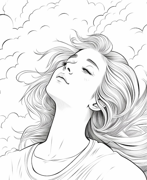 un dibujo de una mujer con los ojos cerrados y su cabello soplando en el viento generativo ai