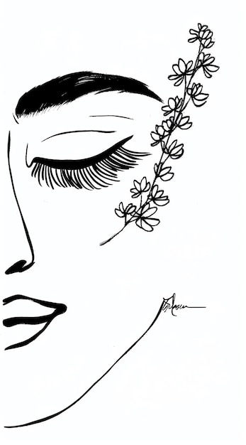 un dibujo de una mujer con pestañas largas y flores en la cara