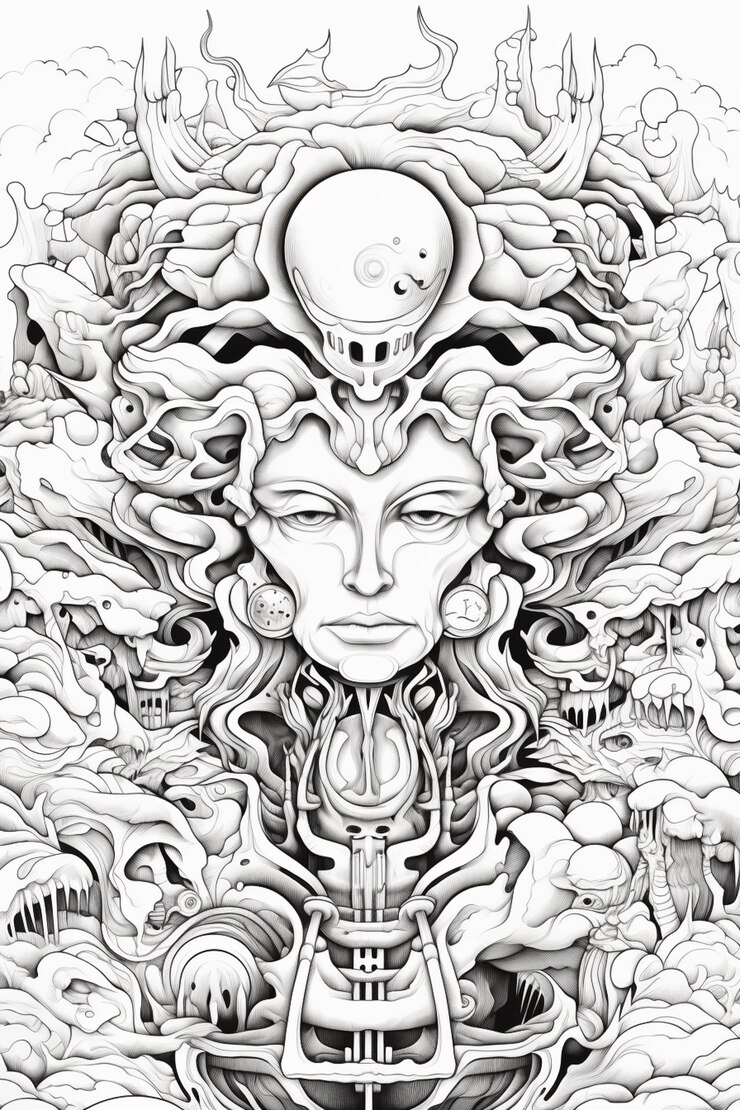 Foto un dibujo de una mujer con un rostro rodeado de nubes generativa ai