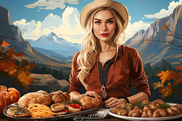 dibujo de una mujer rubia sirviendo comida